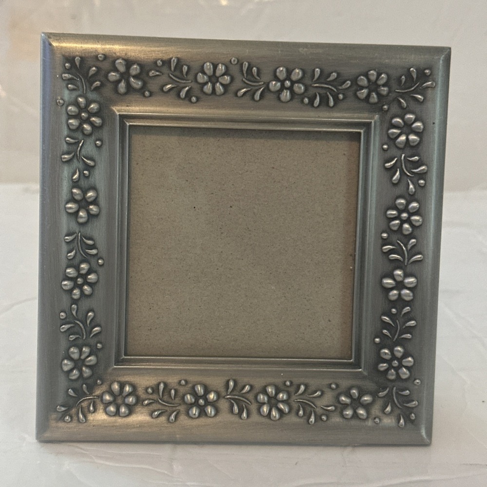 Pewter Table Top Photo Frame With Three Dimensional Floral Motif 5"X5"